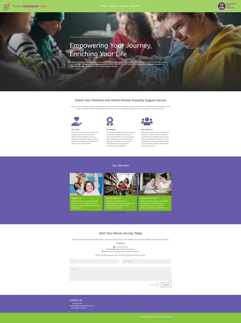 Revive Adventure Care website screenshot